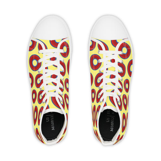 Men's High Top Chucks - large vivid red donut print w/yellow background