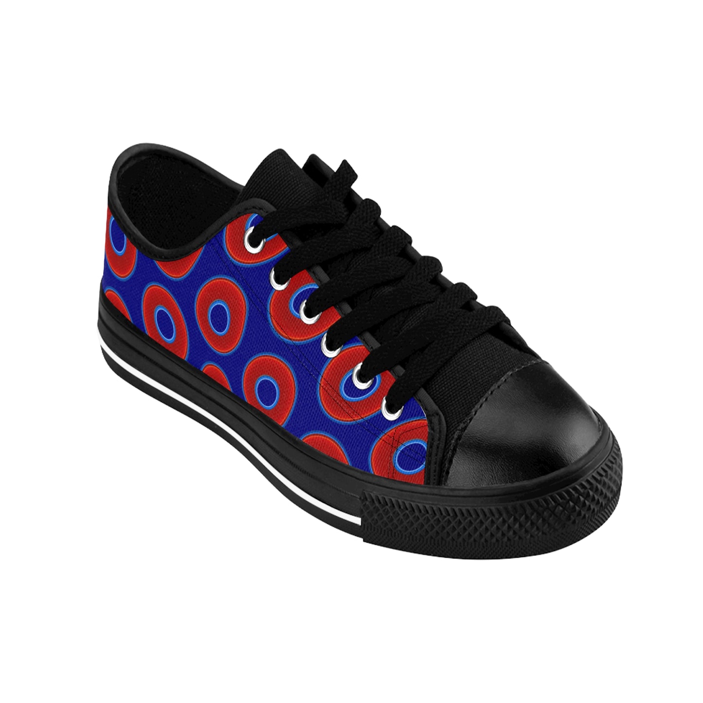 Women's Cushiony Convectors - Low Top - large red vivid donut print w/vivid navy blue background