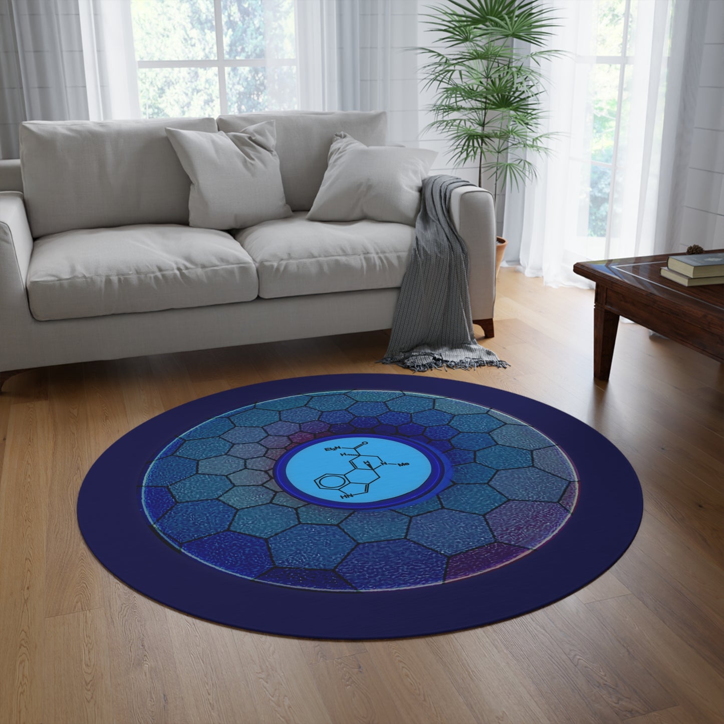Round Room - 5 ft x 5 ft Lumpy Donut Rug - "Dr. Albert Hofmann's Donut" - blue hexadonut w/navy background - variant 2