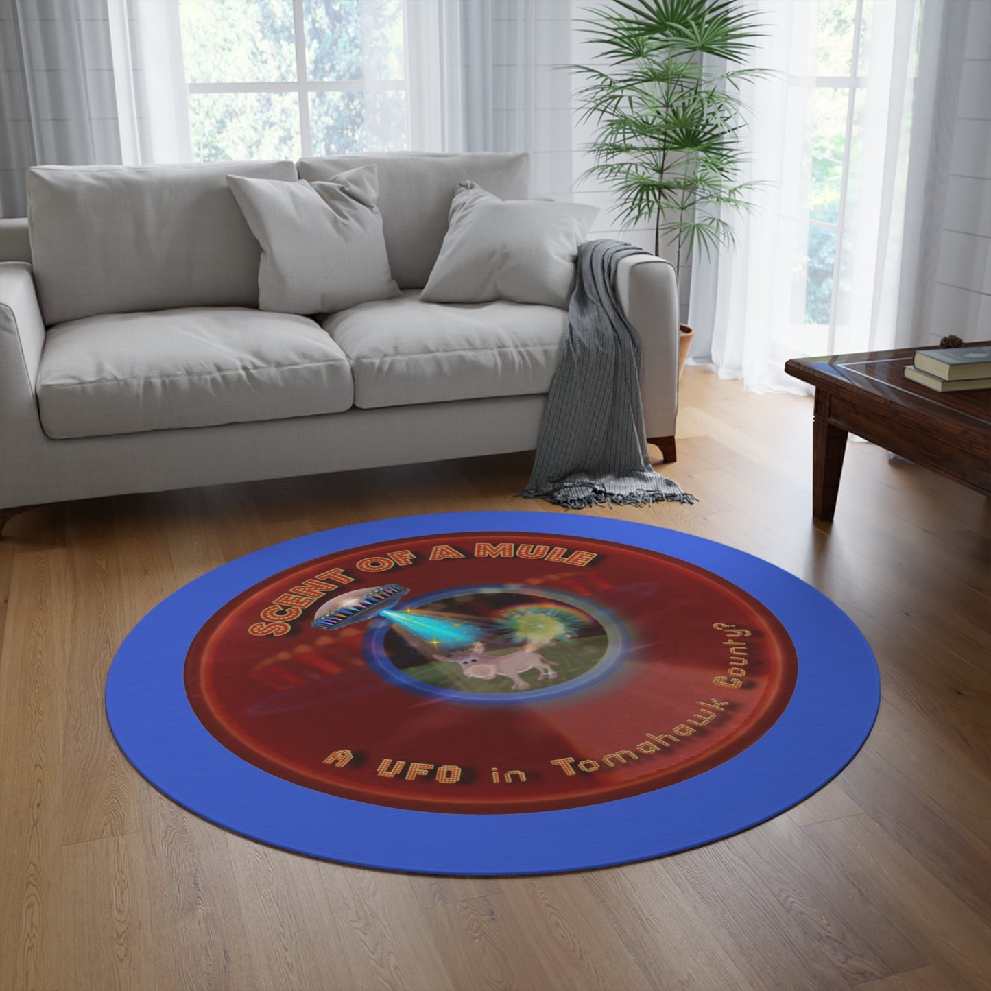 Round Room - 5 ft x 5 ft Lumpy Donut Rug - "Donut Rugs? In Tomahawk County?" - vivid red donut w/royal blue background - variant 3
