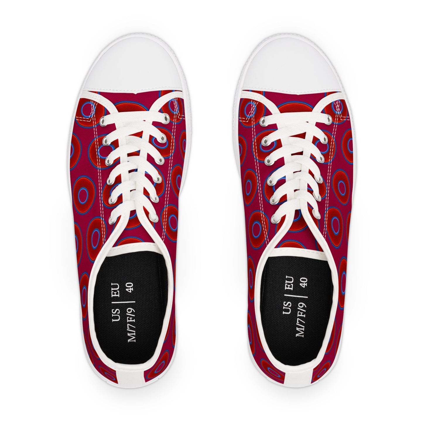 Women's - Low Top Chuck Taylors - large vivid red donut print w/dark magenta background