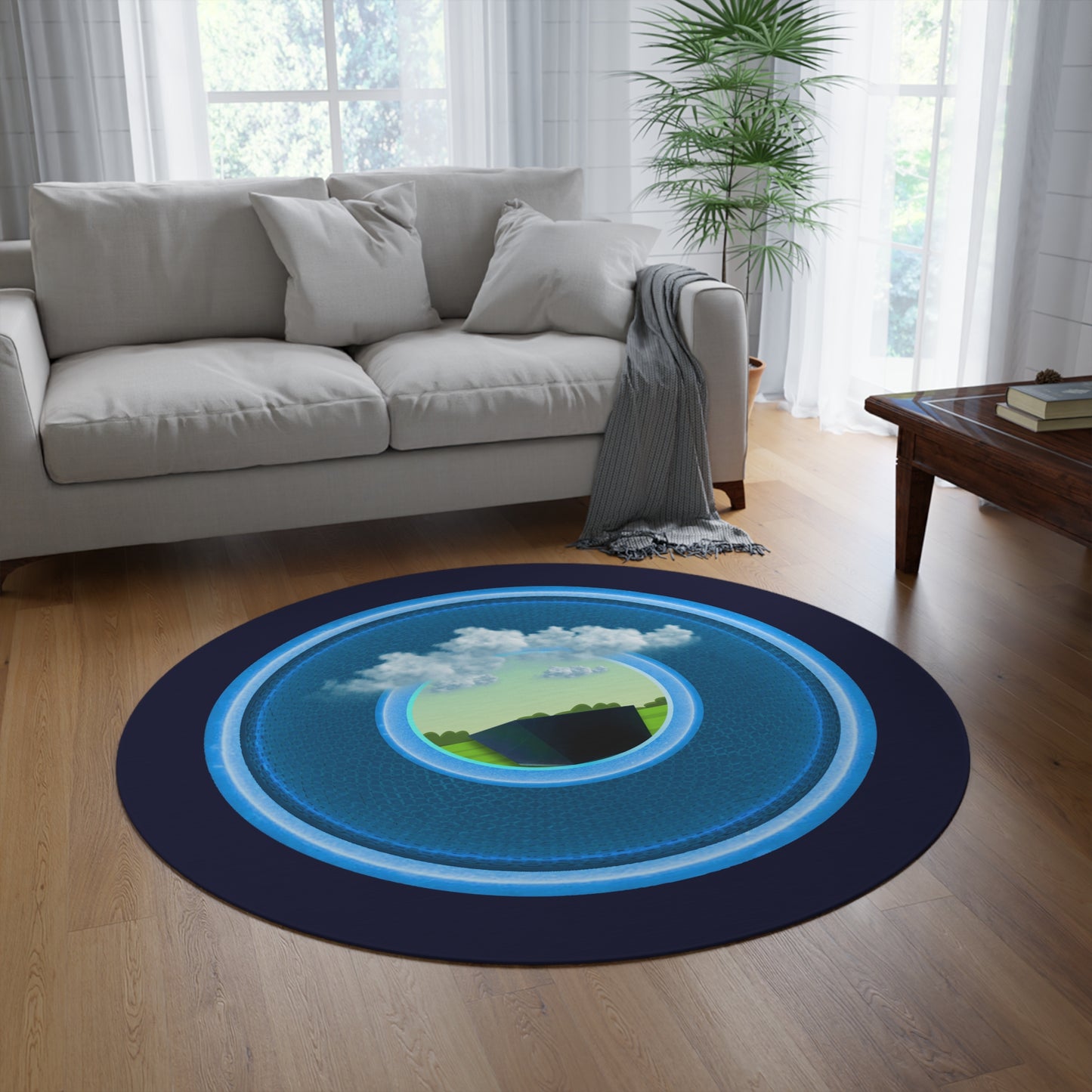 Round Room - 5 ft x 5 ft Lumpy Donut Rug - "Got Rhombus Rug?" - rustic blue/light blue donut w/dark navy background - variant 1