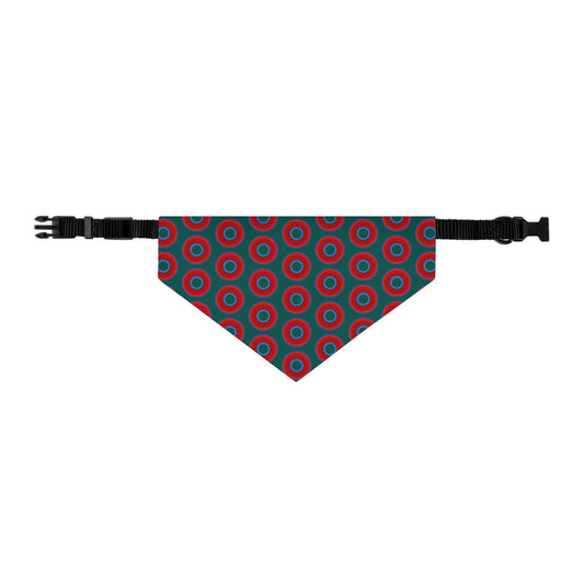 Jim's Lumpy Bandana Pet Collar - vivid red donuts w/dark Fenway green background