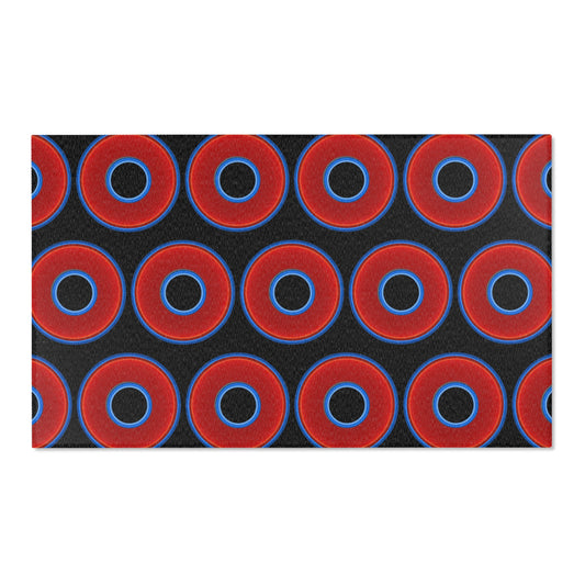 Lumpy Donut Print Rug - choice of 3 sizes - vivid red donut print w/black background