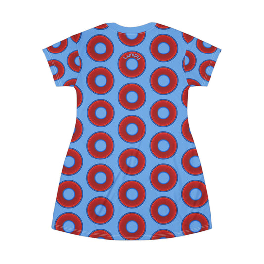 Not a Muumuu AOP Tee Shirt Dress - red vivid donuts w/light blue background