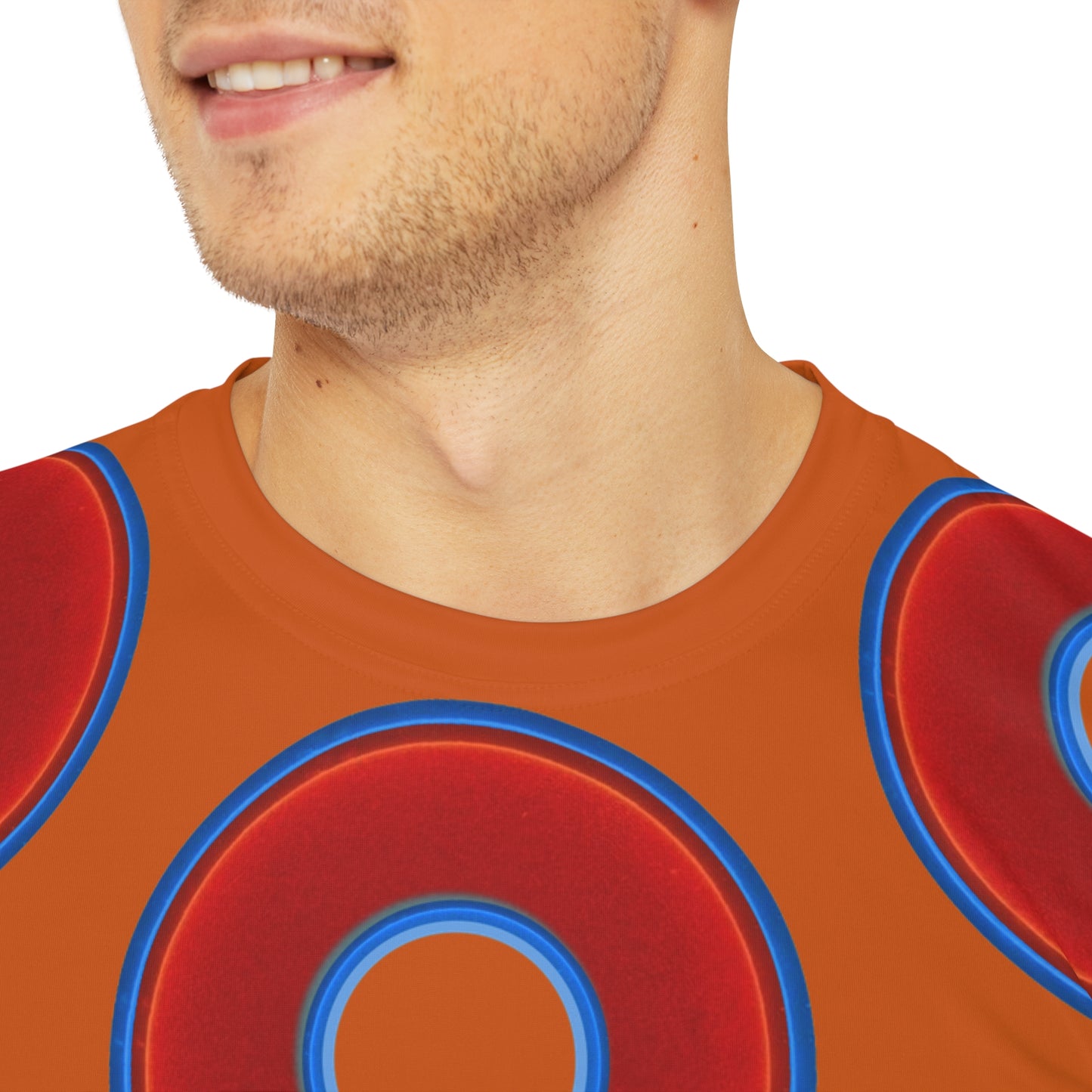 Multi-Beastie Giant Donut AOP Polyester Tee - red vivid donut print w/dark orange background