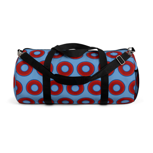 Lumpy Duffel - vivid red donuts w/light blue background