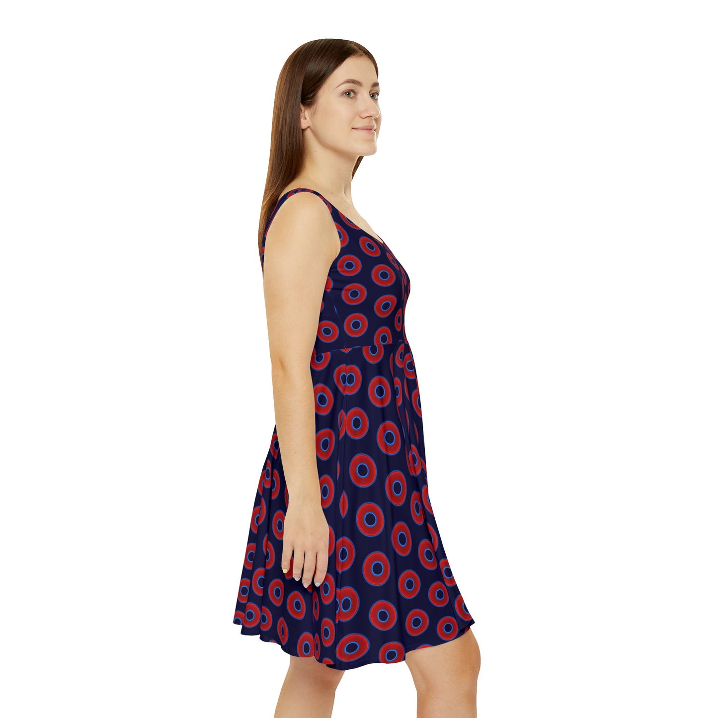 Women's Skater Donut Dress - vivid red donut print w/midnight blue background