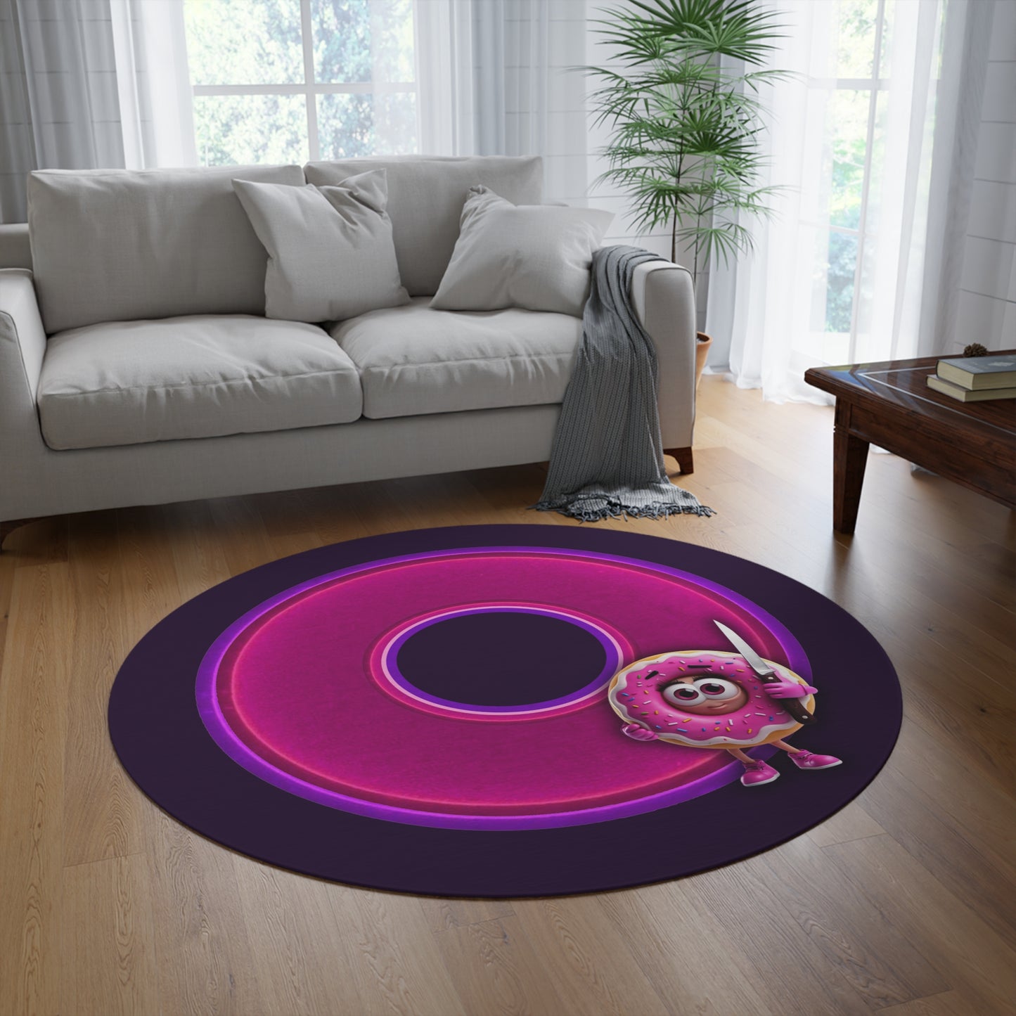 Round Room - 5 ft x 5 ft Lumpy Donut Rug - "My Phriend the Donut Rug" - vivid magenta donut w/midnight purple background - variant 3