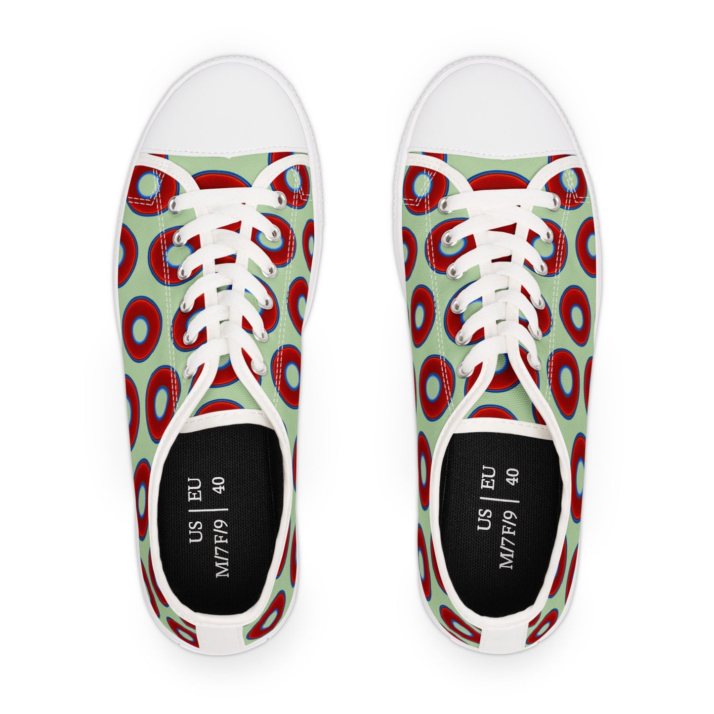 Women's - Low Top Chuck Taylors - large vivid red donut print w/seafoam green background