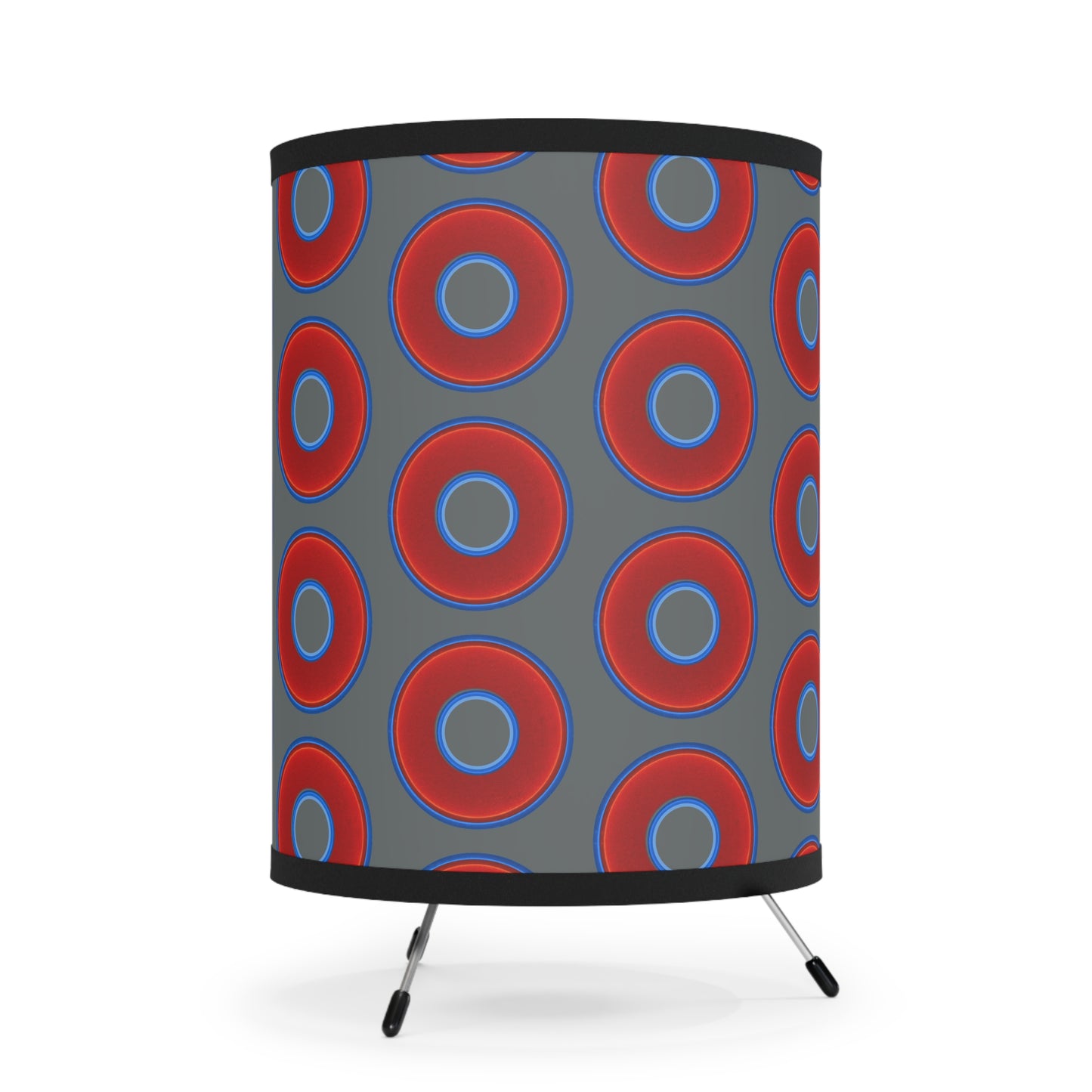 Lumpy Tripod Donut Lamp - vivid red donuts w/dark gray background