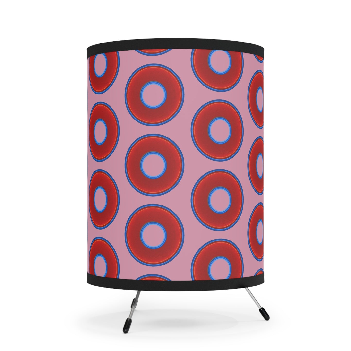 Lumpy Tripod Donut Lamp - vivid red donuts w/pale magenta background
