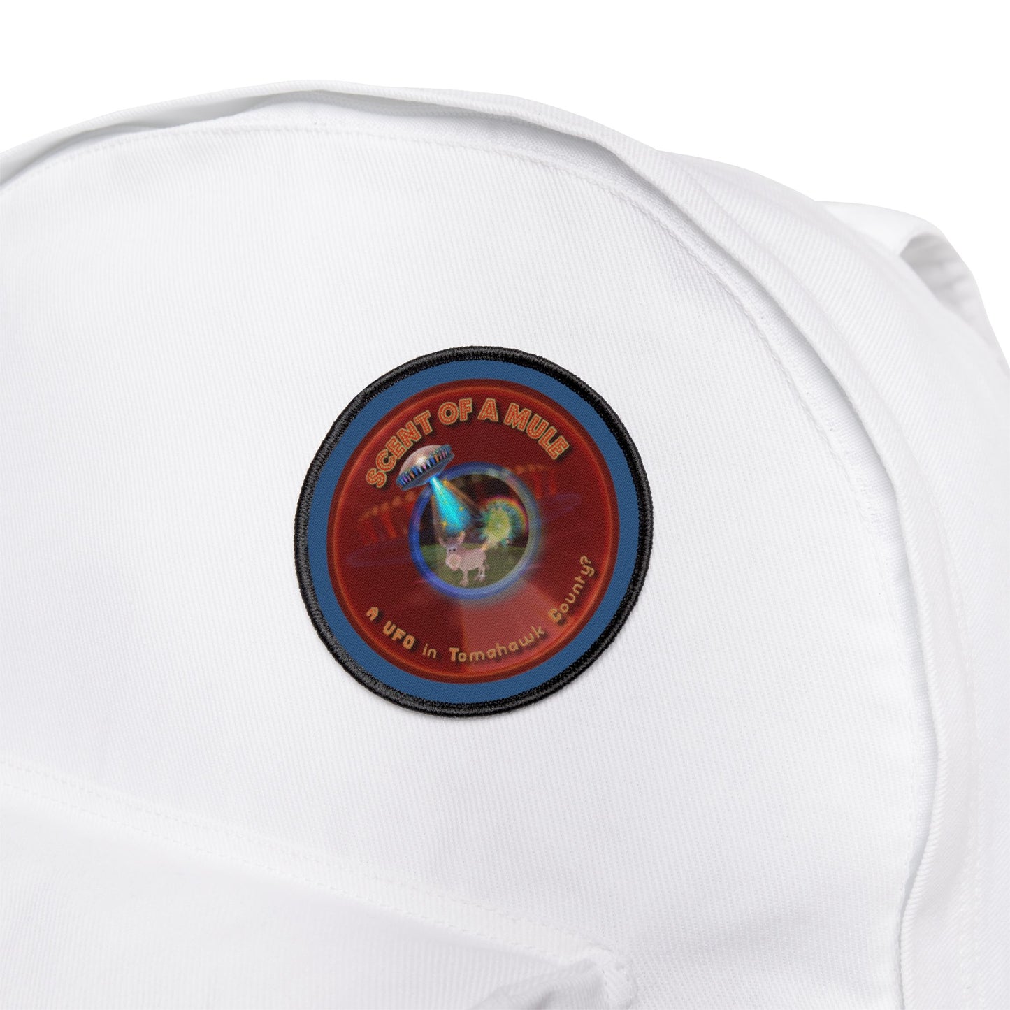 Iron-On Donut Patch - "Donut Patches? In Tomahawk County?" - vivid red donut - variant 2