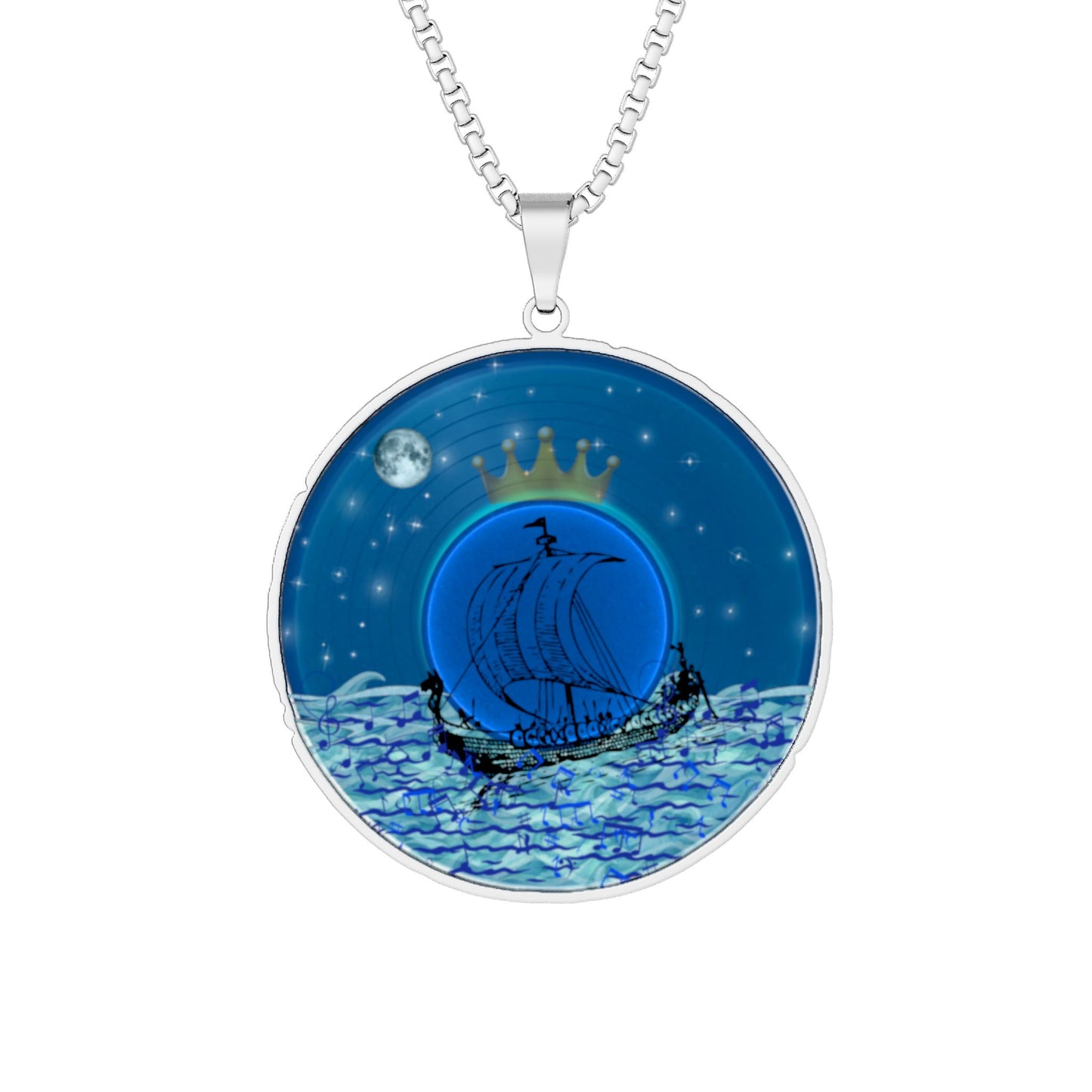 Lump's Heady Donut Necklace - 1" x 1" Stainless Steel Pendant - "Stately Donut Pendant of the Prince" - vivid blue record/cartoon donut