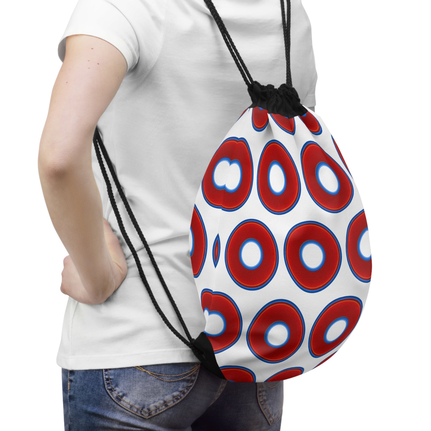 Lumpy Donut Drawstring Bag - red vivid donuts print w/white background