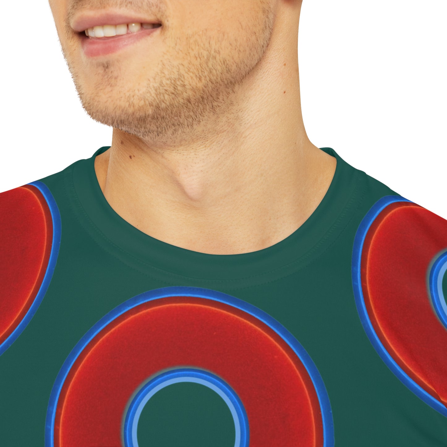 Multi-Beastie Giant Donut AOP Polyester Tee - red vivid donut print w/dark Fenway green background