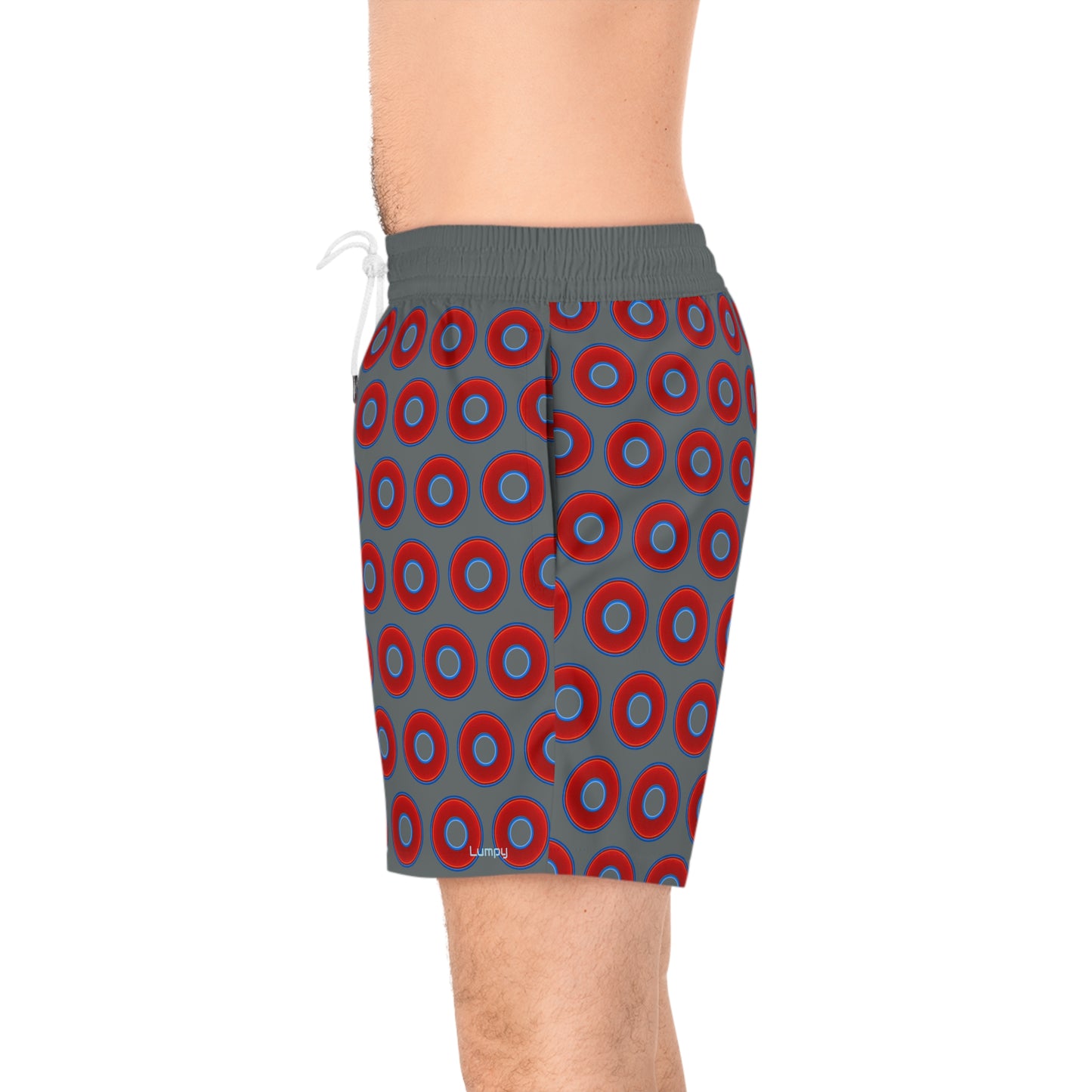 Men's Lumpy Swim Trunks - vivid red donut print w/dark gray background