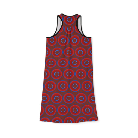 Tela's Lumpy Racerback Donut Dress - red vivid donut print w/burnt umber background