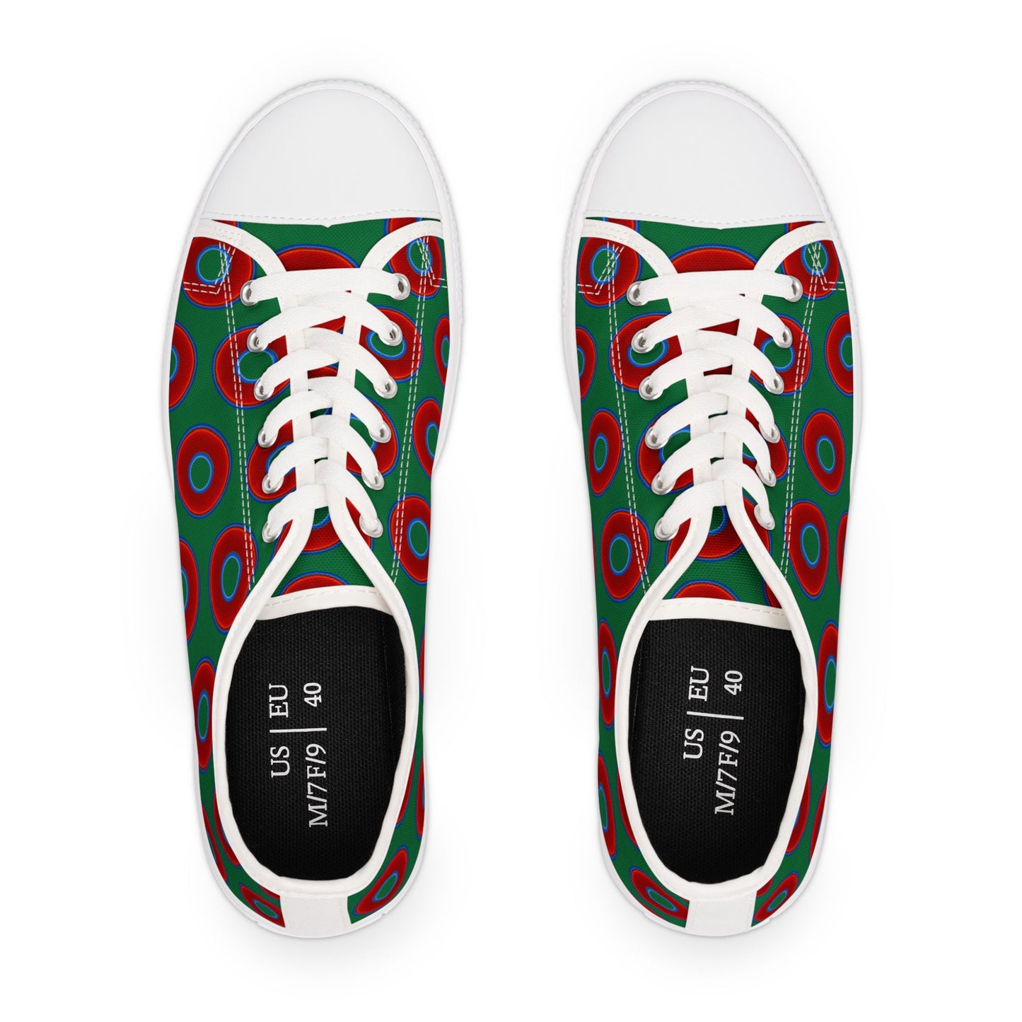 Women's - Low Top Chuck Taylors - large vivid red donut print w/green background