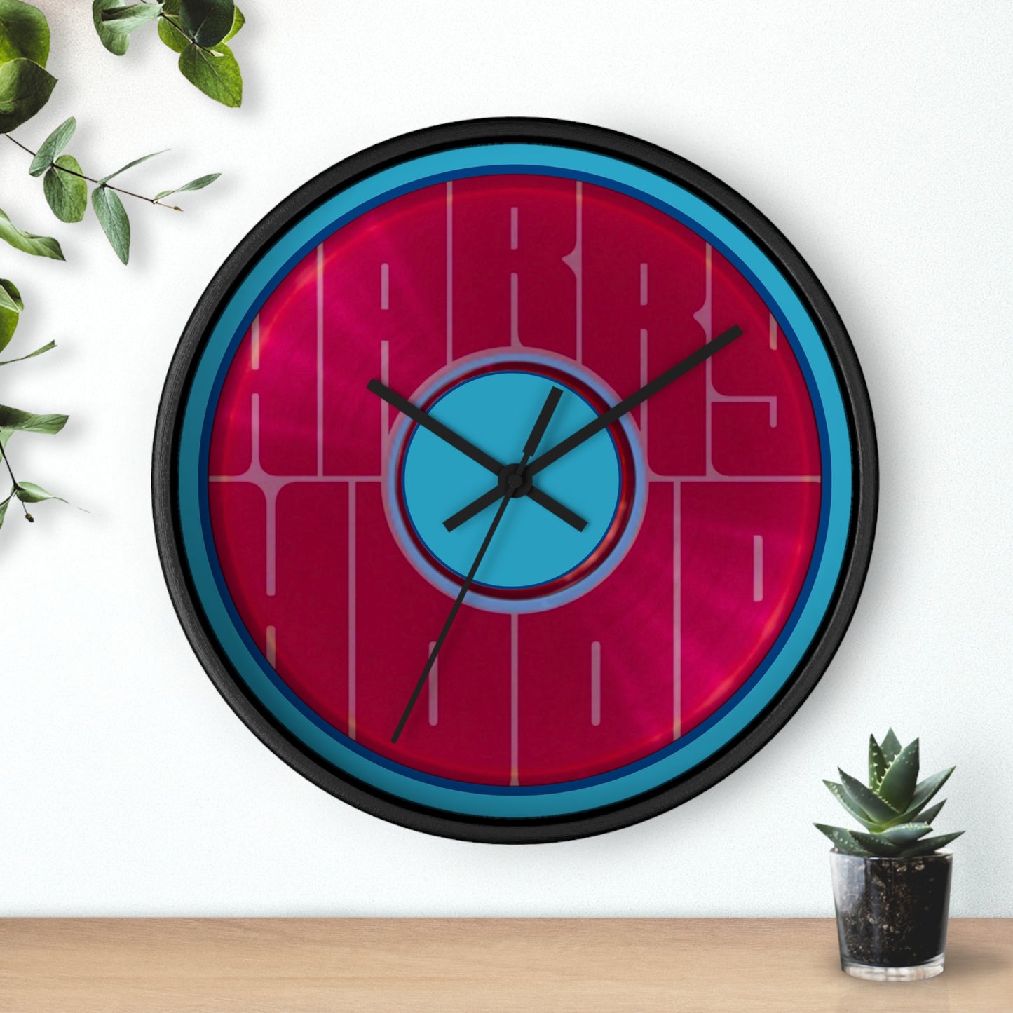 Lumpy Wall Clock - "Harry's Unofficial Donut Clock" - variant 1 - vivid magenta/purple word donut w/turquoise background