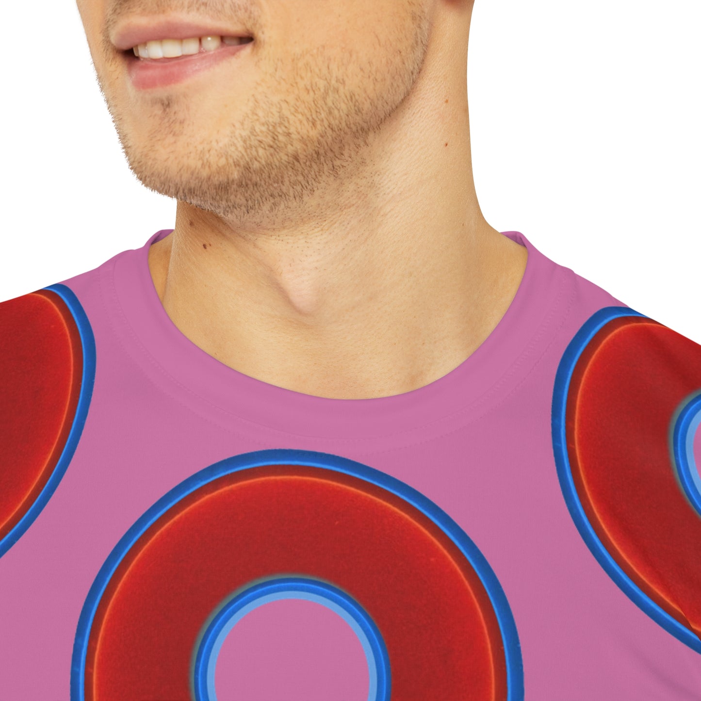 Multi-Beastie Giant Donut AOP Polyester Tee - red vivid donut print w/pink background