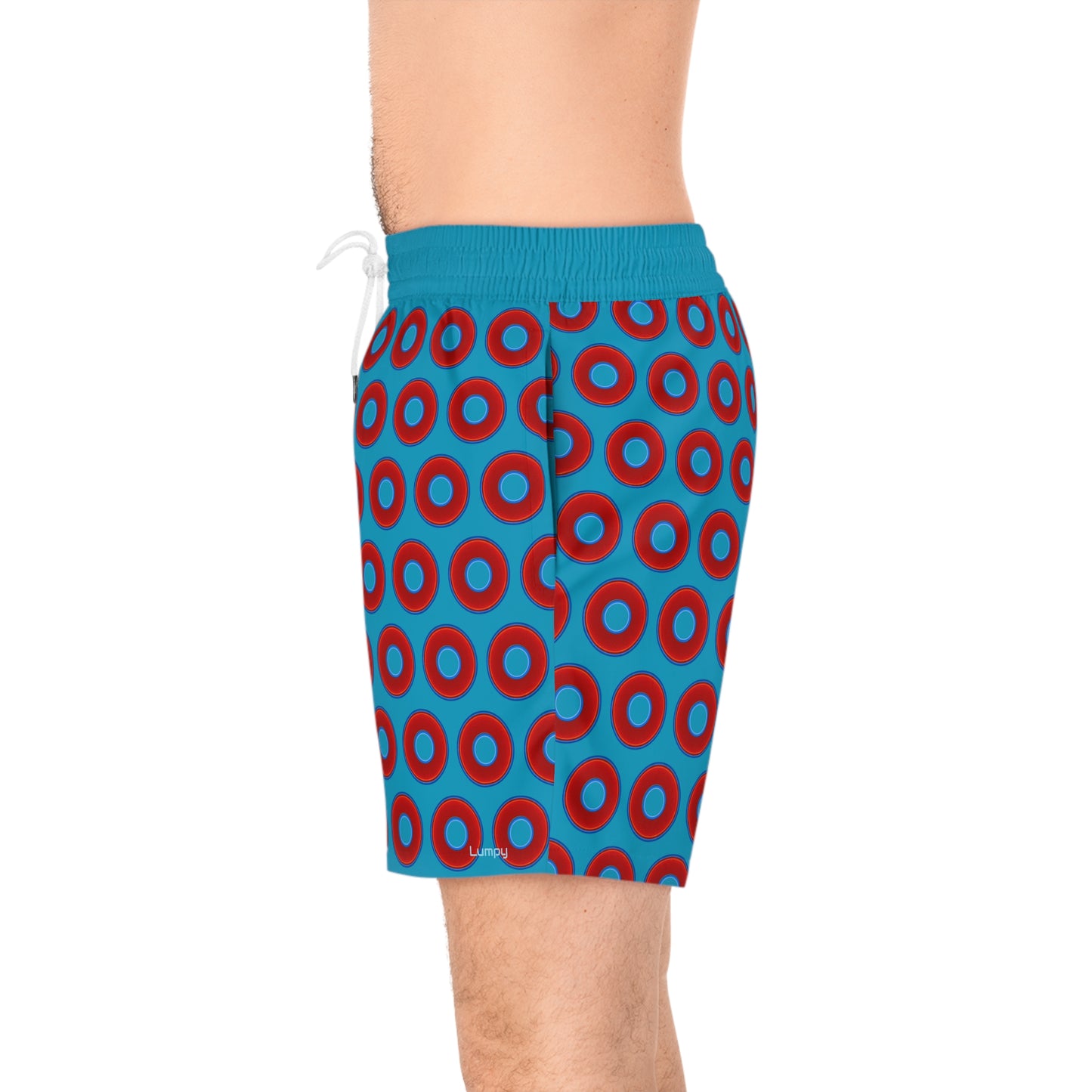Men's Lumpy Swim Trunks - vivid red donut print w/aquamarine blue background