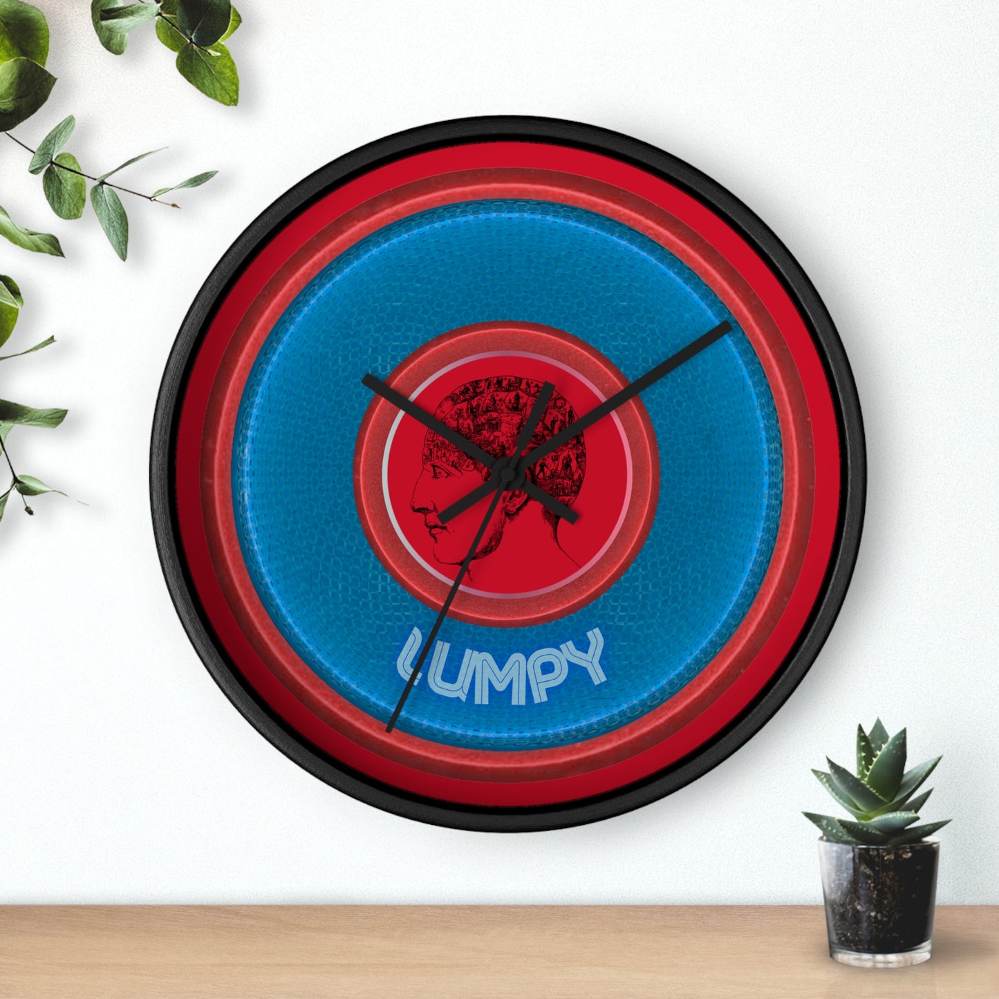 Lumpy Wall Clock - "Carini's Lumpy Donut" - variant 2 - blue rustic donut w/dark red background
