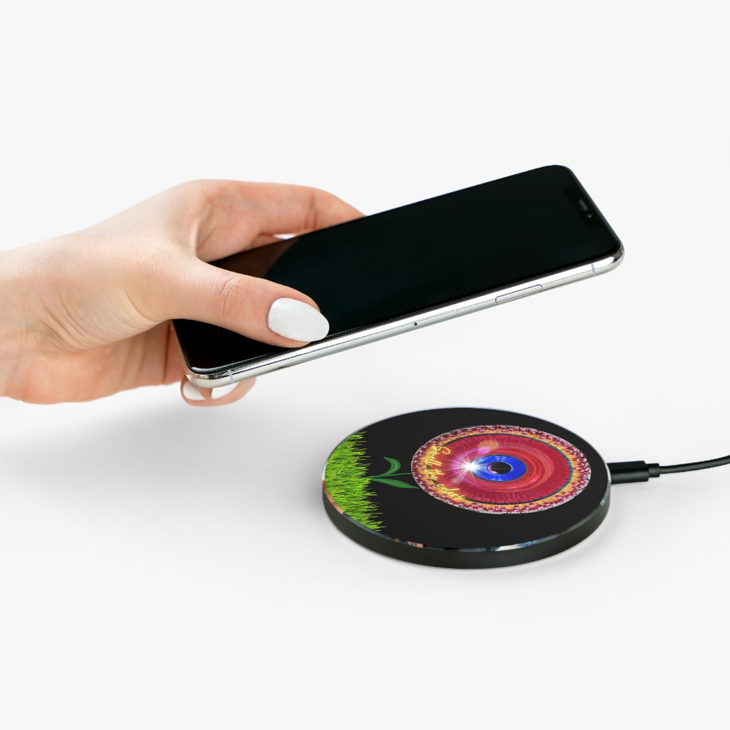 The Flow - Wireless Lumpy Donut Chargers - "Smell the Donuts Wireless Charging" - red flour donut w/black background - variant 3