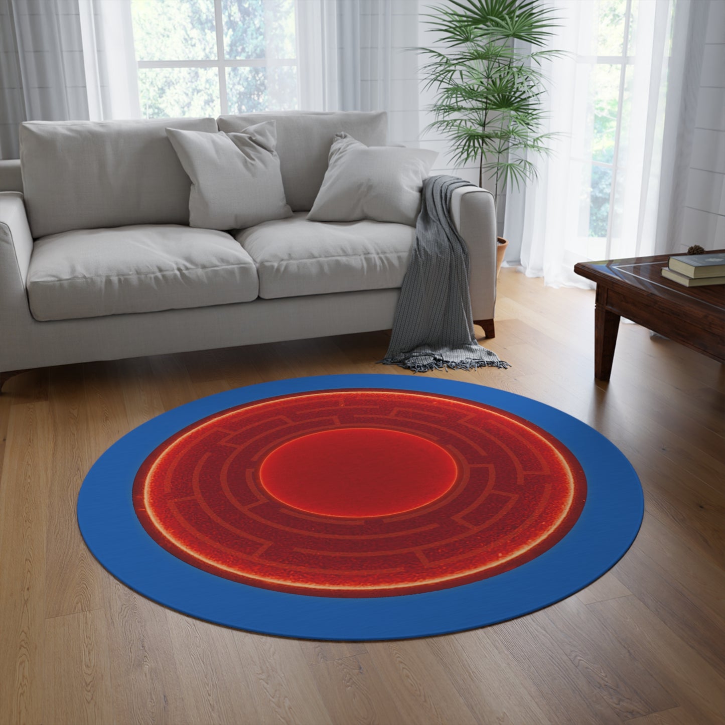 Round Room - 5 ft x 5 ft Lumpy Donut Rug - "The Amazing Donut Rug" - vivid maze donut w/dark royal blue background - variant 2