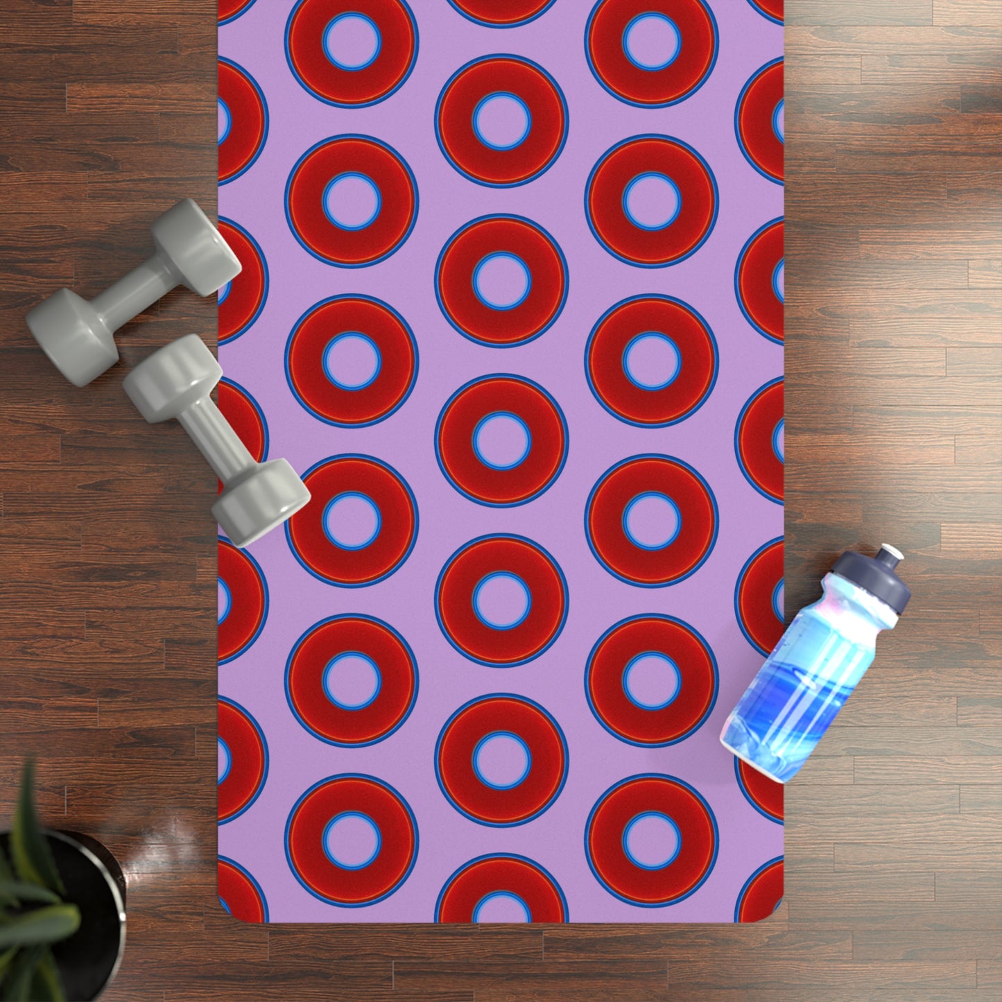 Lumpy Donut Yoga Mat :) - 24″ x 70" - vivid red donut print w/wisteria purple background