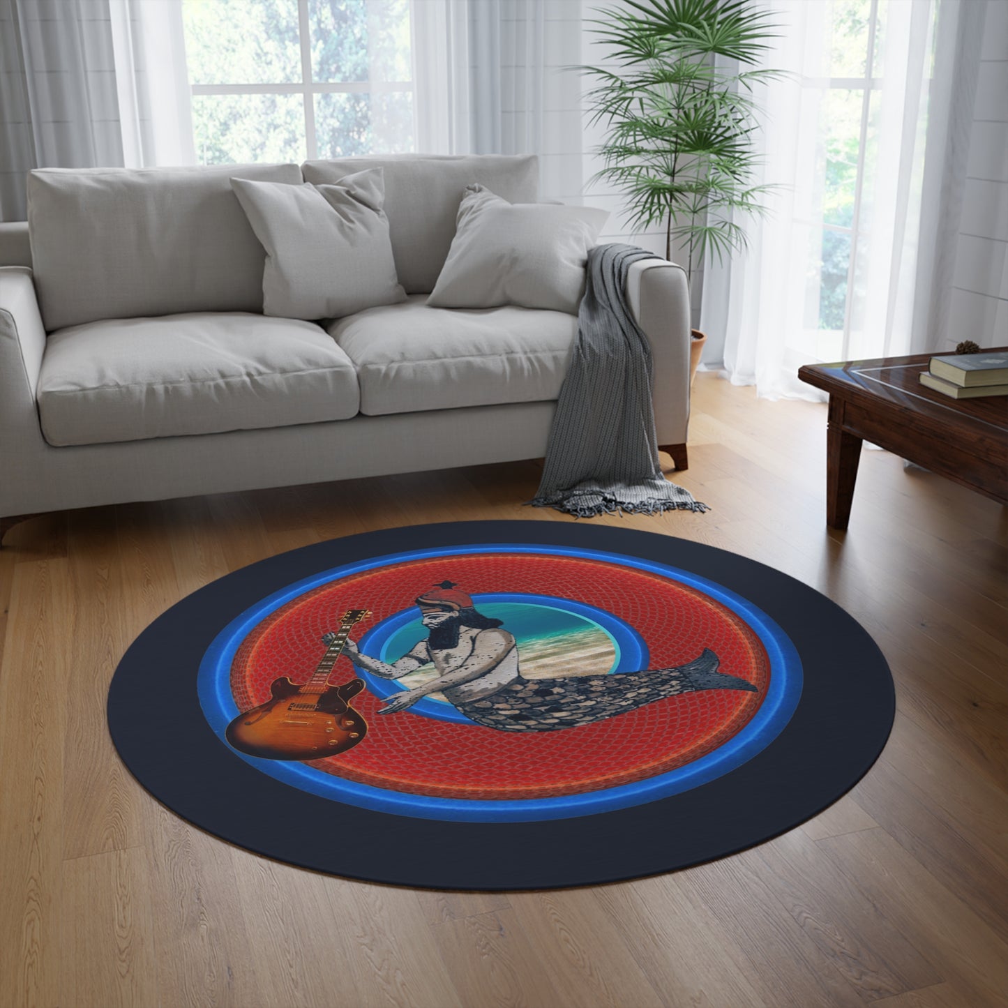 Round Room - 5 ft x 5 ft Lumpy Donut Rug - "Doggone Dagon Donut Rug" - rustic red/blue donut w/navy background - variant 4