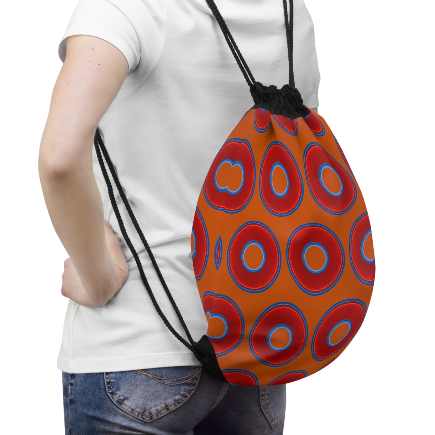 Lumpy Donut Drawstring Bag - red vivid donuts print w/dark orange background