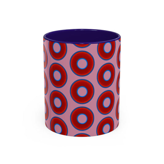 Lump's Grumpy Coffee Mug - vivid red donuts w/pink background