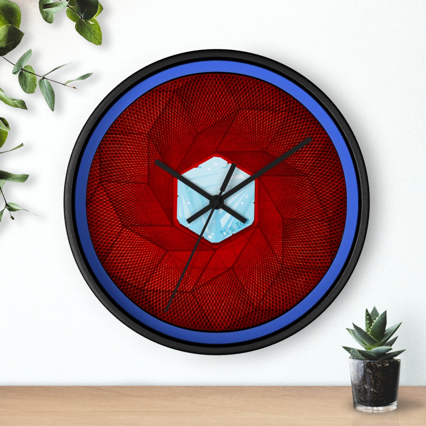 Lumpy Wall Clock - "It's Ice... Cube's Donut Clock" - variant 1 - red cubed donut w/royal blue background