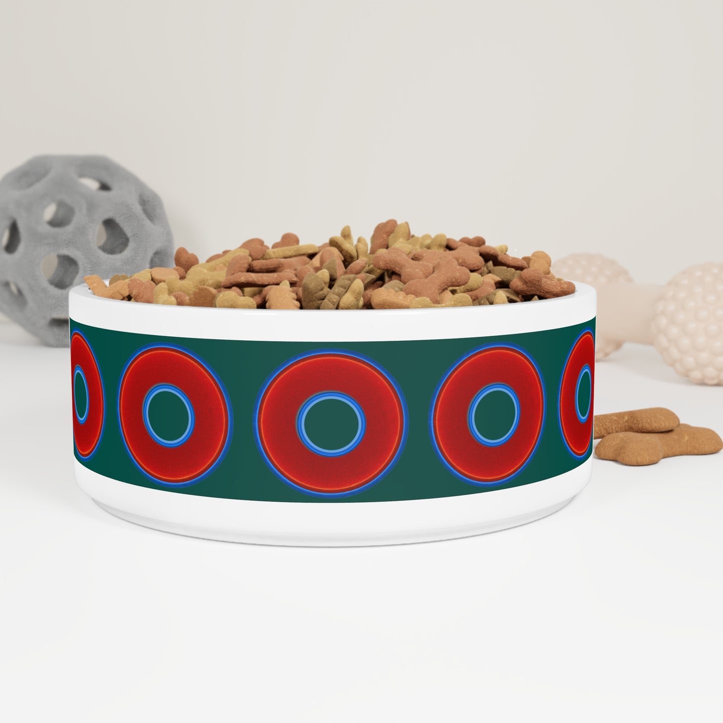 16 oz Lumpy Pet Bowl - vivid red donuts w/dark Fenway green background