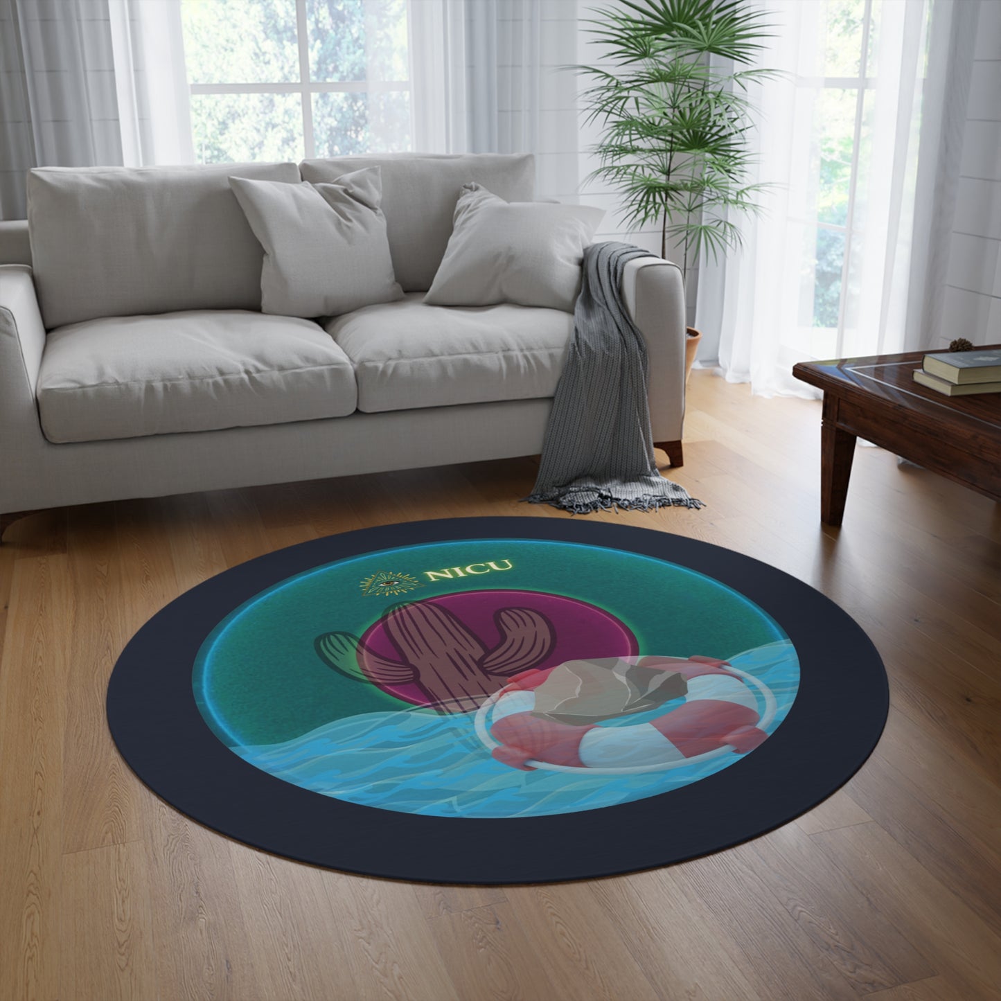 Round Room - 5 ft x 5 ft Lumpy Donut Rug - "The Donut Rug that Conveys" - vivid dark teal donut w/elite teal background