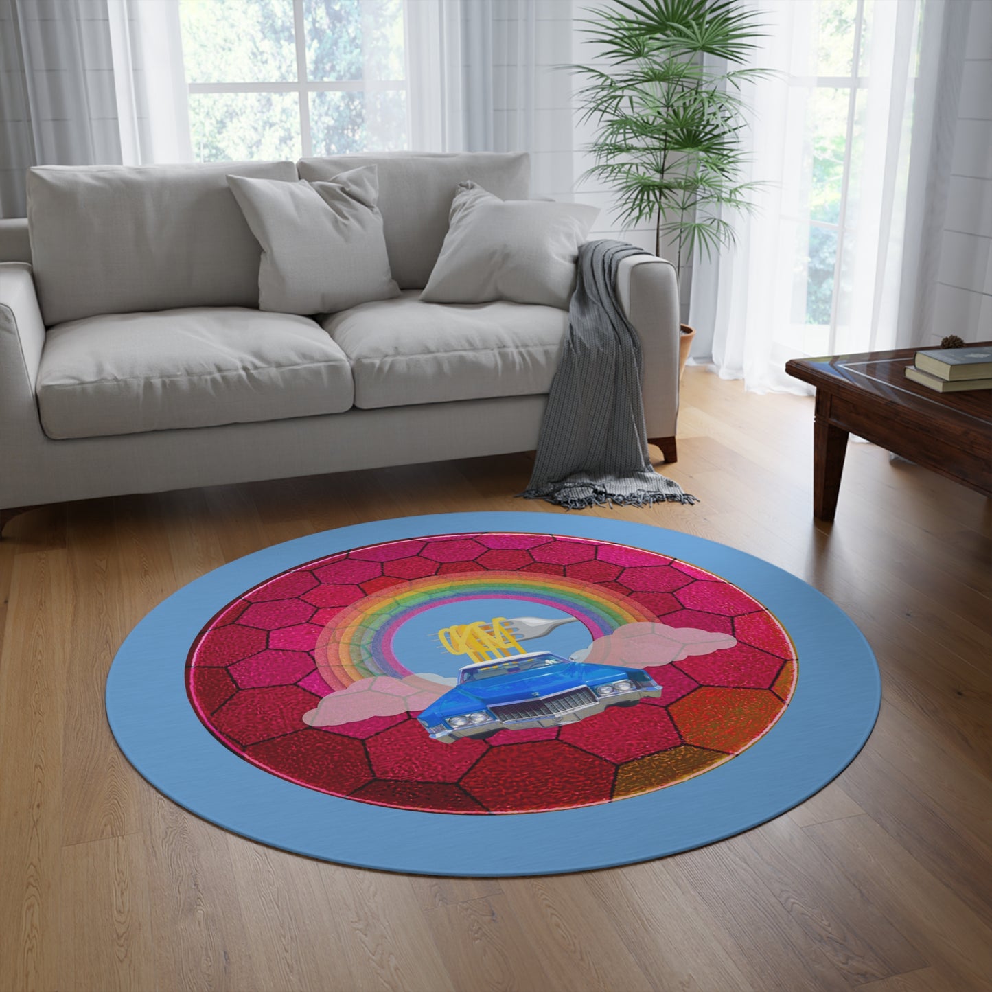 Round Room - 5 ft x 5 ft Lumpy Donut Rug - "Cadillac Rainbow Donut Rug" - magenta hexadonut w/light blue background - variant 2