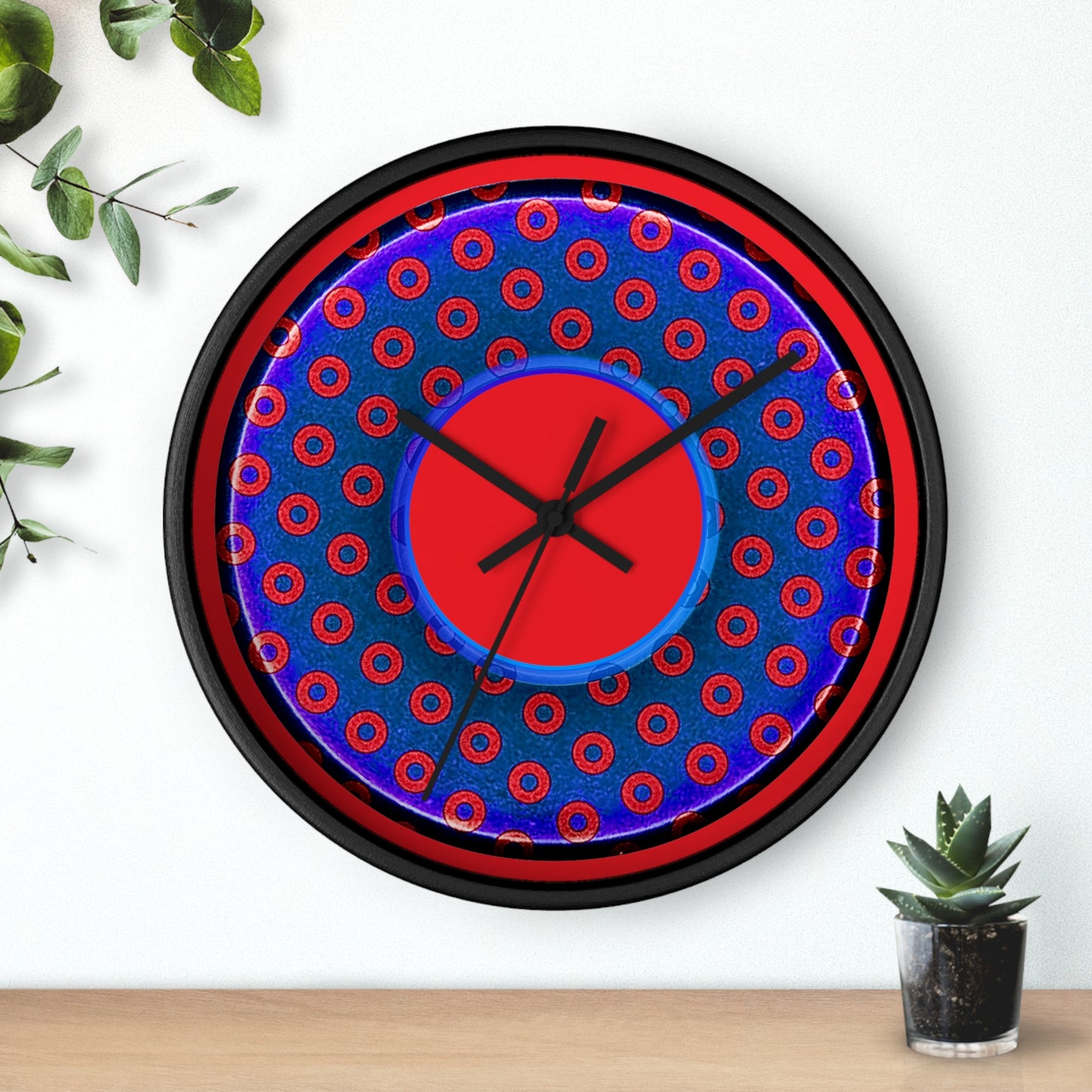 Lumpy Wall Clock - "Plain Weathered Paradoxical Donut" - blue/red donut w/black background