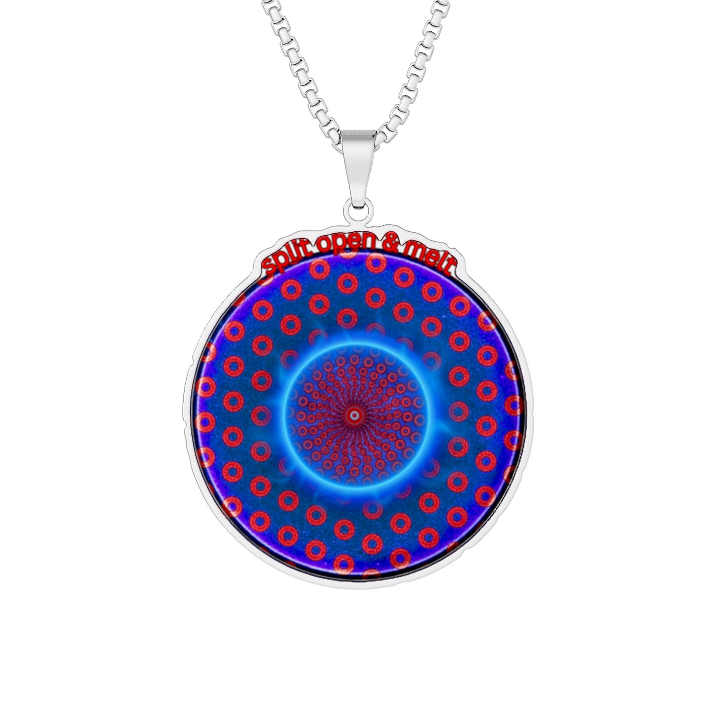 Lump's Heady Donut Necklace - 1" x 1" Stainless Steel Pendant - "Split Open Donut Melt Pendant" - blue/red electric paradox donut - variant 2