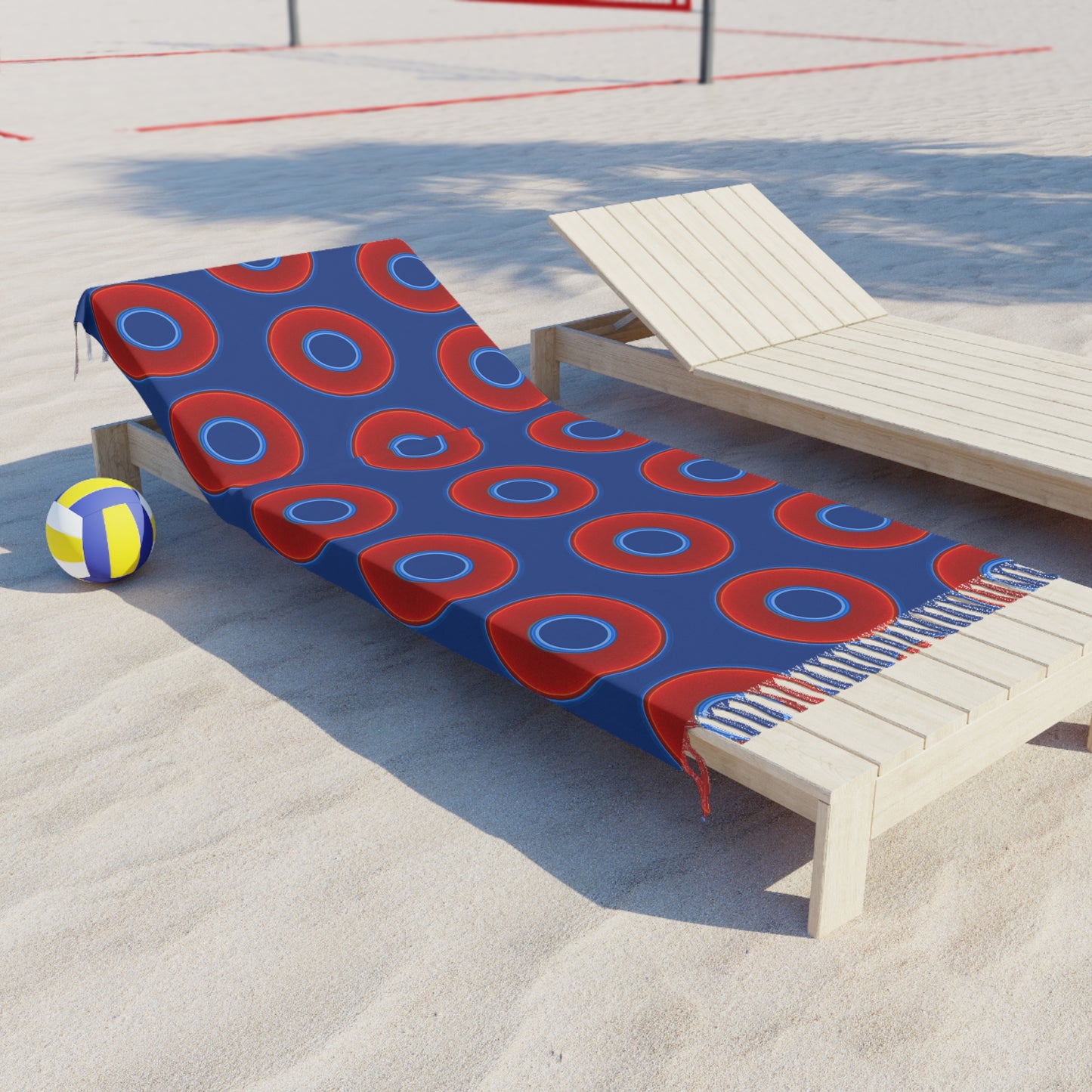 Oversized Lumpy Beach Towel - vivid red donuts w/dark blue background