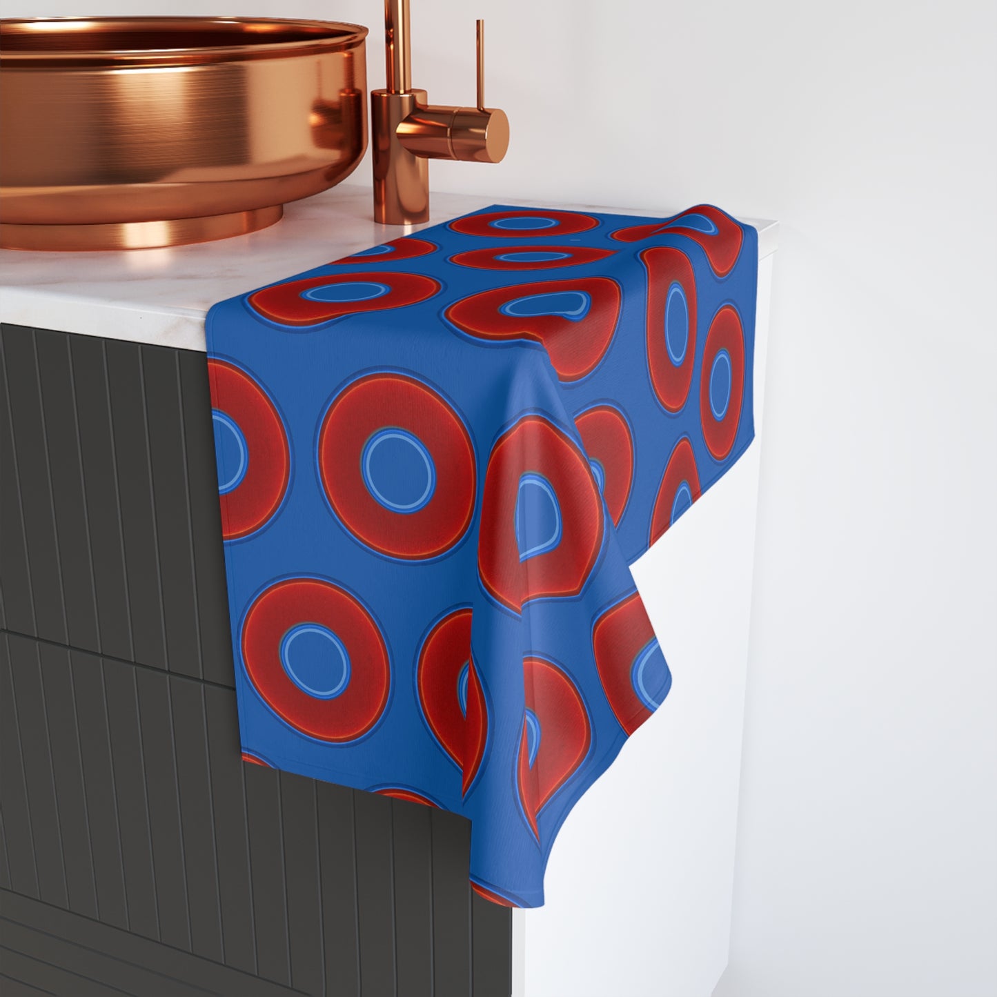 Lumpy Kitchen/Hand Towels - vivid red donuts w/dark royal blue background