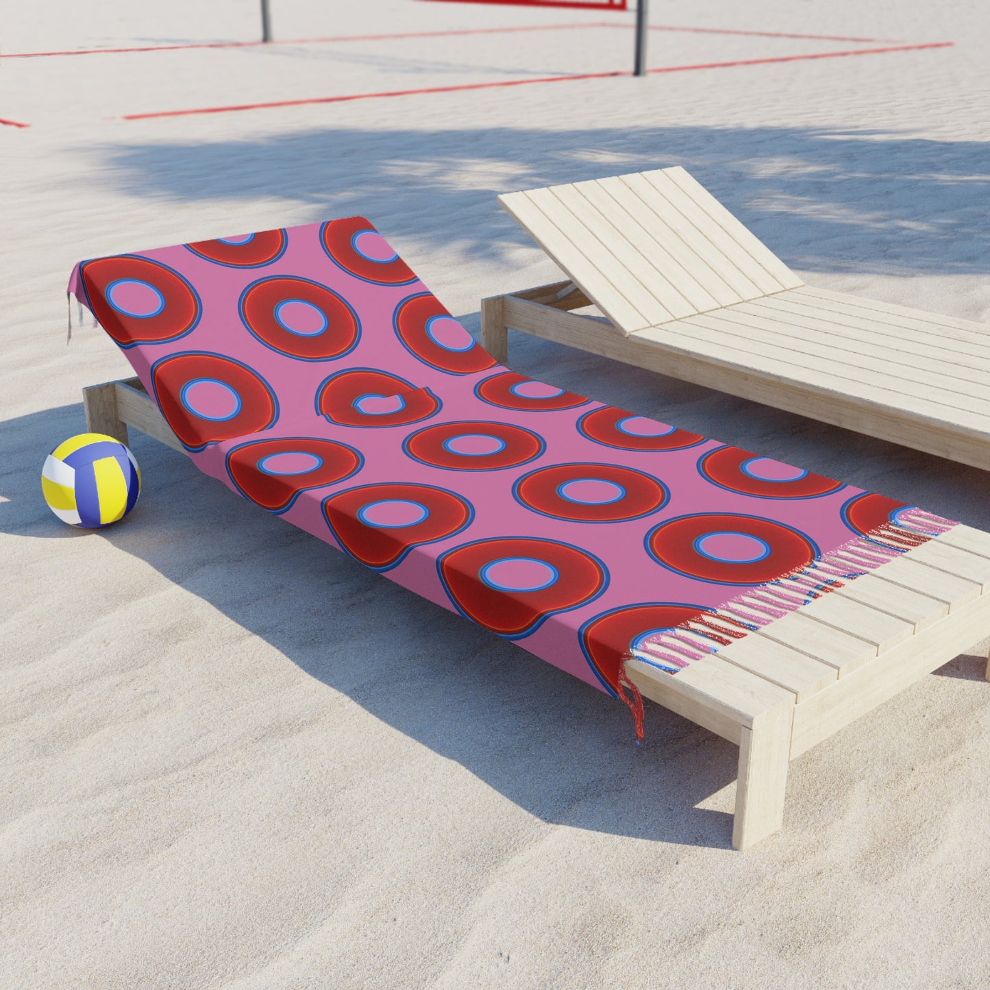 Oversized Lumpy Beach Towel - vivid red donuts w/pink background
