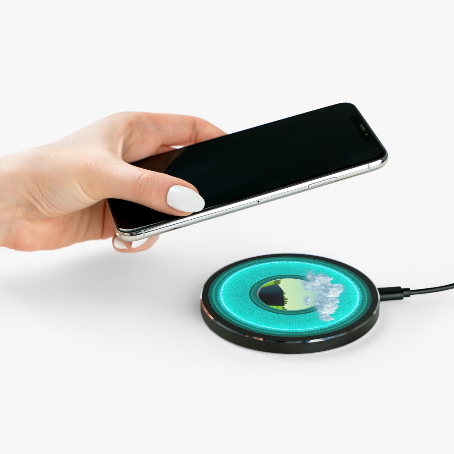 The Flow - Wireless Lumpy Donut Chargers - "Got Rhombus Wireless Charger?" - rustic turquoise/dark teal donut w/midnight moss green background - variant 5