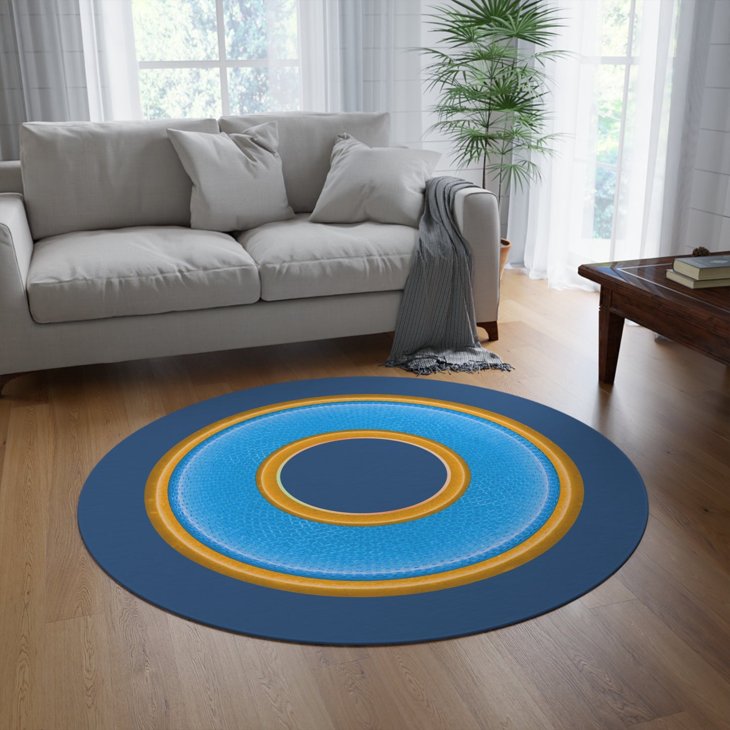 Round Room - 5 ft x 5 ft Lumpy Donut Rug - "Plain Donut" - rustic light blue/yellow donut w/light navy background