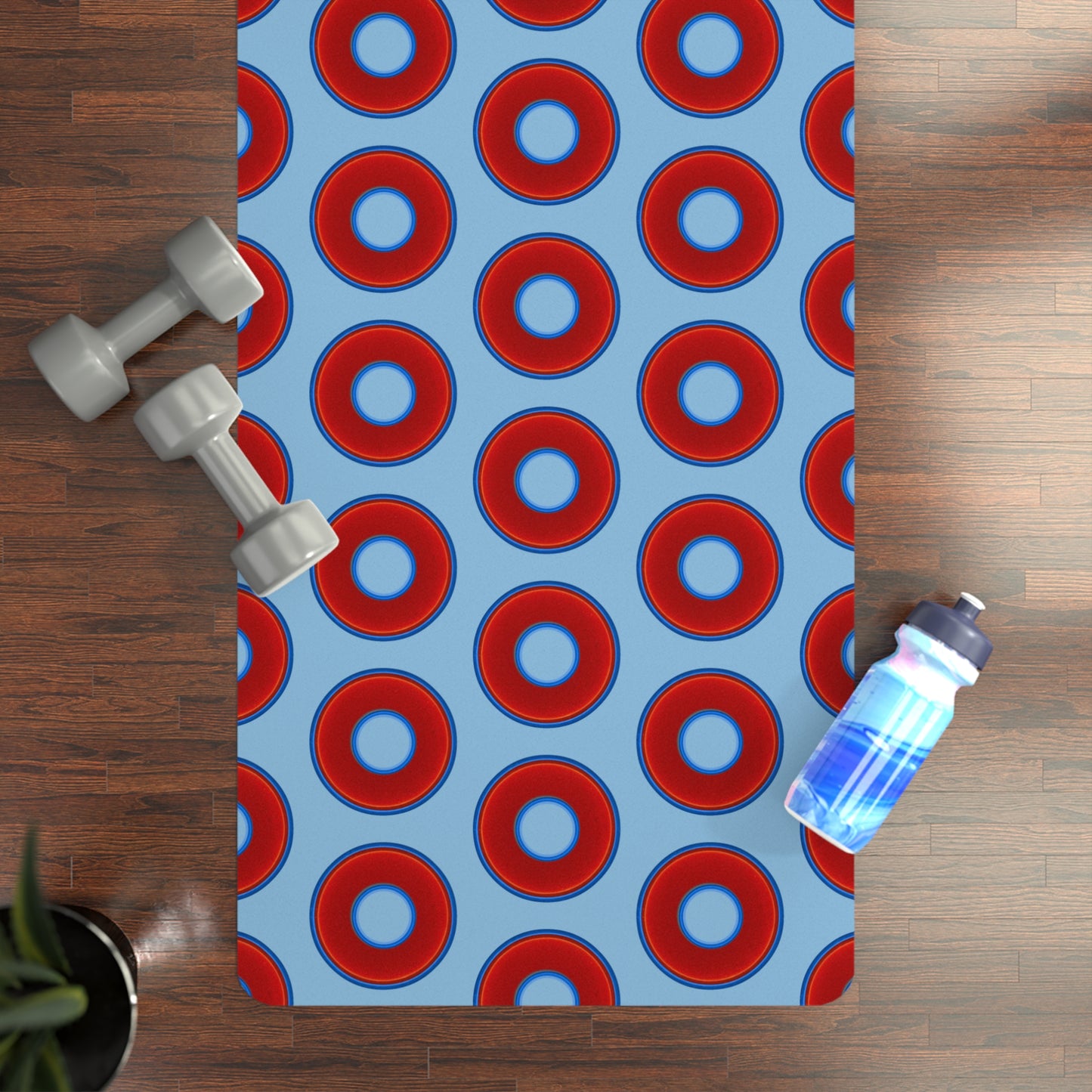 Lumpy Donut Yoga Mat :) - 24″ x 70" - vivid red donut print w/light sky blue background