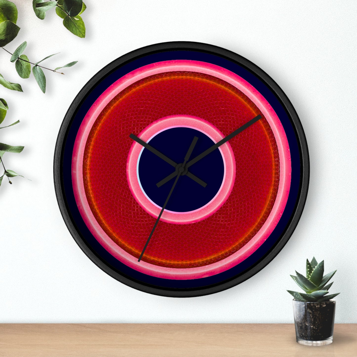 Lumpy Wall Clock - red rustic donut w/pink edging - variant 6 w/midnight blue background