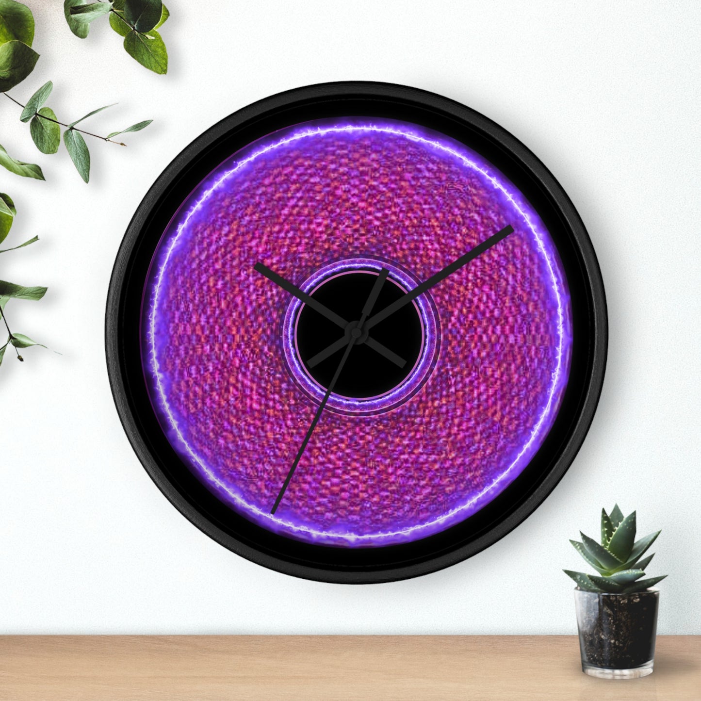 Lumpy Wall Clock - "The Frankenstein Donut Clock... it's Alive!" purple pixilated donut w/black background