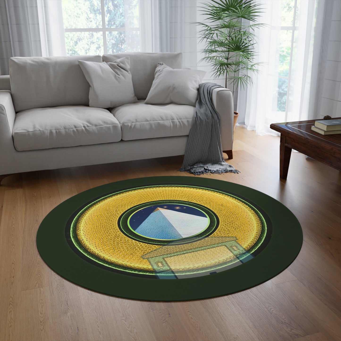 Round Room - 5 ft x 5 ft Lumpy Donut Rug - "Limestone Donut Rugs so Large " - rustic golden donut w/deep forest green background - variant 4
