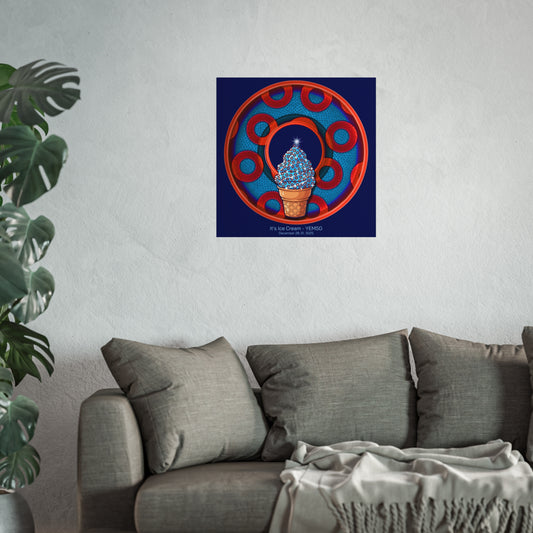 Lumpy Poster Nuts - "It's Ice Cream - YEMSG Soft Serve" - 24" x 24" 220gsm Giclée/matte - rustic blue/red donut on dark blue background