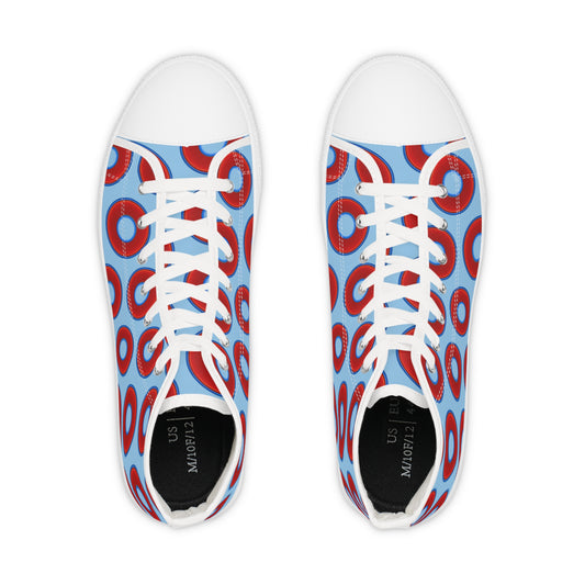 Men's High Top Chucks - large vivid red donut print w/sky blue background